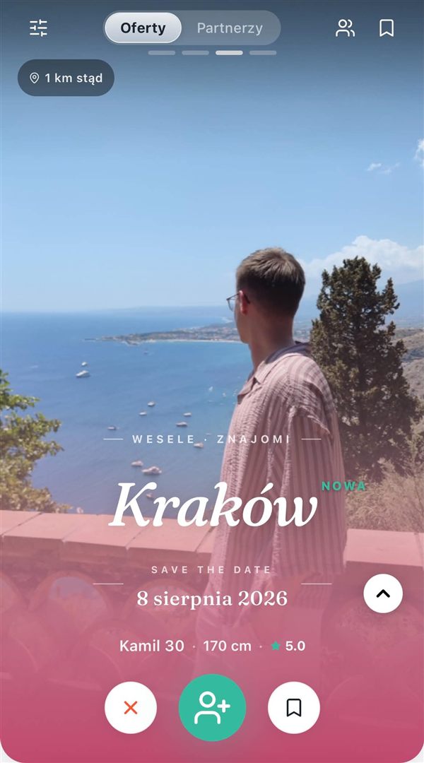 Aplikacja Savyrr — karta oferty wesela w Krakowie z datą i profilem użytkownika